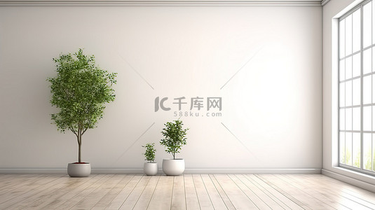 极简主义空间，盆栽植物侧躺在白色地板上 3D 图像