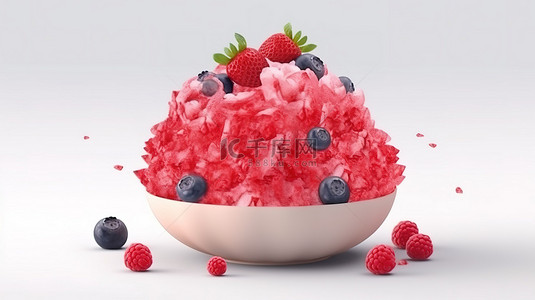 白色背景上草莓打顶的 bingsu 刨冰的卡通风格 3D 渲染