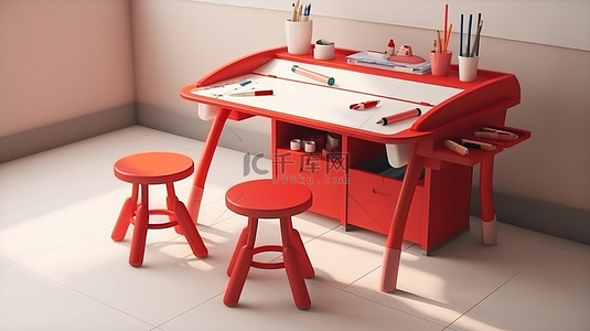 幼儿园活动卡通背景图片_红色单色等距幼儿园家具的 3D 渲染非常适合儿童绘画桌