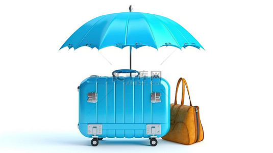 蓝色休息背景图片_海滩主题蓝色手提箱，配有 3D 渲染伞救生圈椅和白色背景上的沙滩球