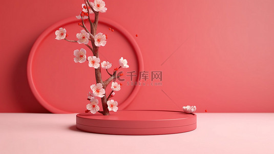 产品展示与中国极简主义红色讲台和樱花背景 3D 渲染