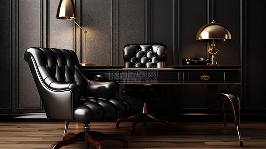 豪华办公桌背景图片_仿古风格内饰的 3D 渲染，配有光滑的黑色漆皮办公桌和皮革扶手椅