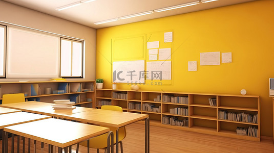 金色墙壁上的教室和白板 3D 渲染