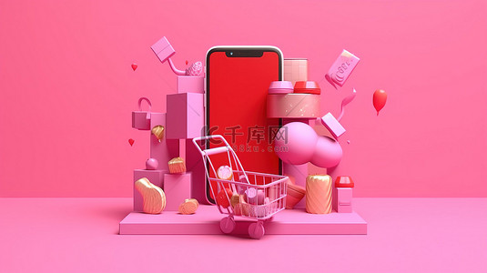 3d 渲染粉红色背景与浮动购物项目非常适合在智能手机上在线购物