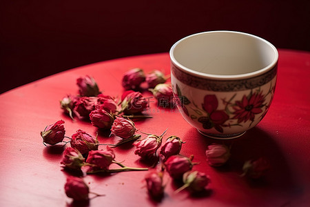 花玫瑰背景图片_红色桌子上放着一个杯子，上面放着一些花