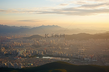 航空公司背景图片_韩国首尔 韩国首尔天际线 从大韩航空公司的飞机上看到的 psmd2898715