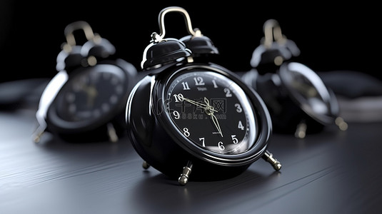 黑色双铃闹钟以 3d 呈现，非常适合通过自我组织和定时设置准时醒来