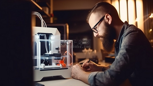 平板电脑学习背景图片_留着胡子的设计师操作 3D 打印机