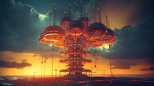 概念 3D 艺术插画复古未来派原子塔