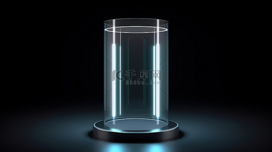 黑色方形背景图片_黑色圆柱讲台的 3D 插图，带有独立背景的玻璃展示柜