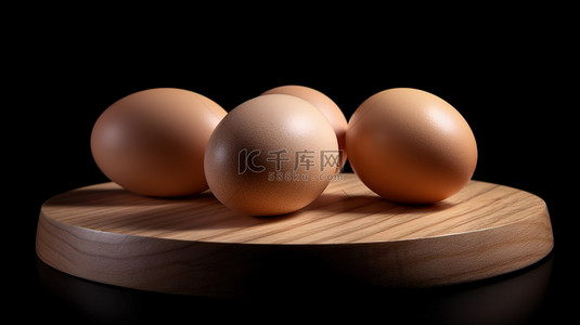 三个鸡蛋在黑色背景下的 3D 渲染中呈现在圆形木板上