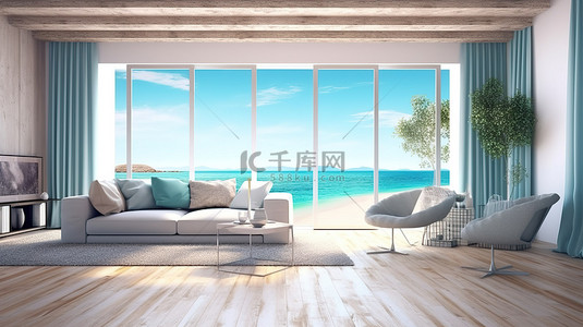 客房背景图片_现代客房，享有壮观的海景 3D 渲染的室内设计