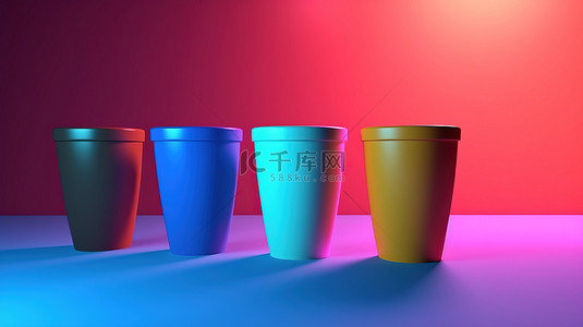 3D 渲染的彩色背景上色彩鲜艳的杯子