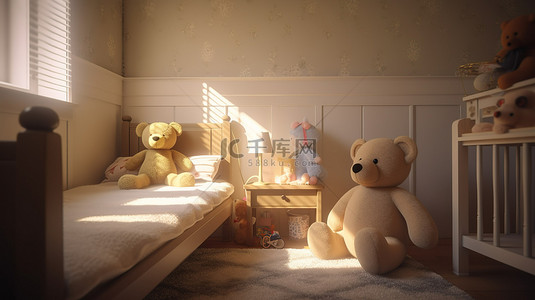 玩具地板背景图片_宽敞的儿童卧室，配有 3D 渲染的大型毛绒动物玩具