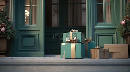 礼品送背景图片_令人惊叹的 3D 礼品递送优雅盒子，门口有蝴蝶结