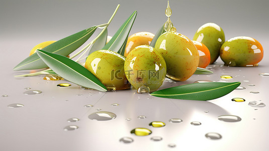 橄榄油池中生橄榄和绿叶的 3D 插图