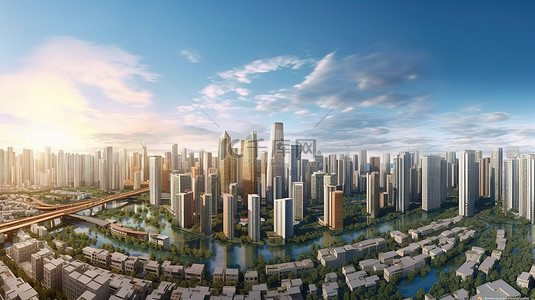 令人惊叹的 3D 渲染智能城市天际线，配有高层建筑和交通