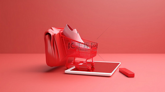 到站背景图片_虚拟购物鞋袋键盘和购物车的插图，带有添加到购物车和在线支付选项