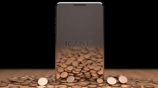 带有一排硬币的手机的空白显示 3D 渲染