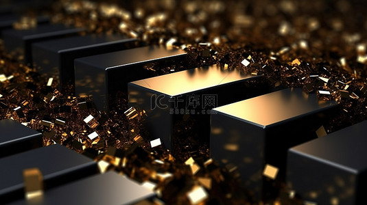 迷人的黑色背景与闪闪发光的金条的豪华 3D 插图