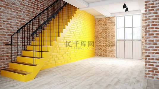楼上的黄色和阁楼风格的白色砖墙 3d 渲染