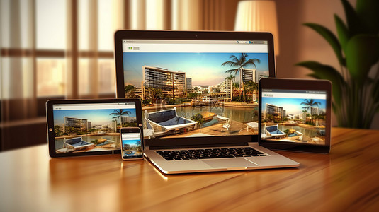 3D 渲染酒店网站设计，具有适用于笔记本电脑手机和平板电脑的响应功能
