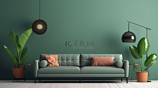 复古风格的室内海报的 3D 渲染，配有棕色沙发和绿色墙壁