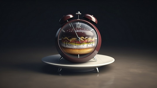 汉堡咖啡背景图片_3D 渲染的汉堡咖啡和带时钟的杯子