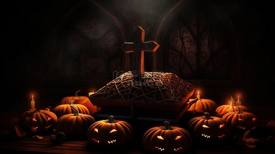 黑色背景下南瓜十字蝙蝠和棺材的怪异万圣节场景的 3D 插图