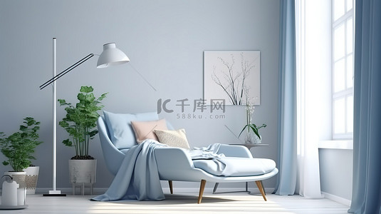 舒适卧室装饰的 3D 渲染，配有浅墙蓝色扶手椅和白色背景的落地灯样机海报