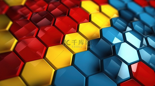 红色调几何背景图片_3d 渲染的六角形背景，以红蓝黄和白的多彩色调