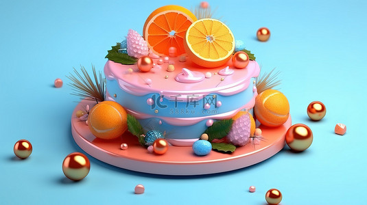 圣诞蛋糕背景图片_粉红色 3D 背景上带有橙色水果装饰的蓝色圣诞蛋糕
