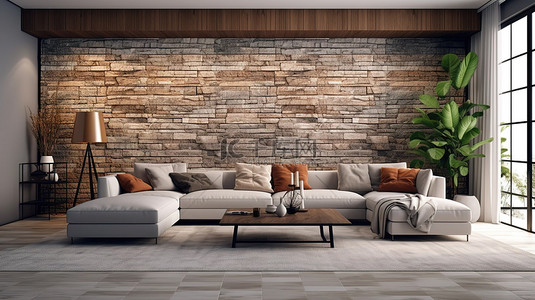 客厅的现代室内设计，配有装饰模型和砖图案墙背景的 3D 渲染