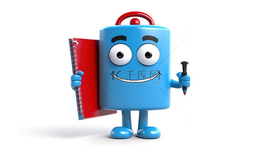 背景板卡通背景图片_3D 渲染的吉祥物，带有蓝书红色剪贴板和白色背景上的书写工具