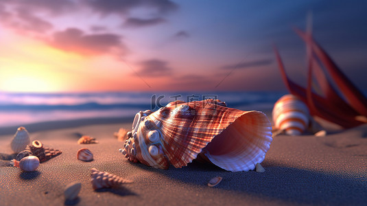 暮光之城海滩与贝壳的 3d 渲染