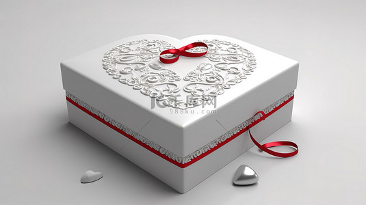 白色浪漫玫瑰背景图片_3D 渲染白色背景礼品盒，采用精心设计的心形设计