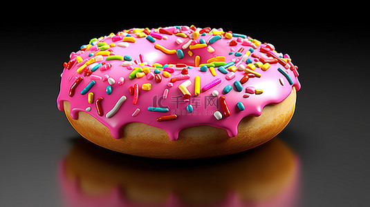 逼真的 3D 渲染插图，彩色撒有粉红色​​釉的甜甜圈