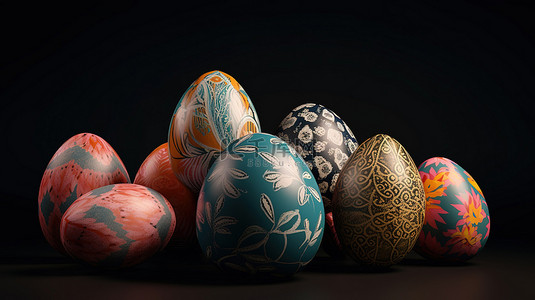 复活节装饰元素 10 个各种图案的彩色鸡蛋的 3D 插图