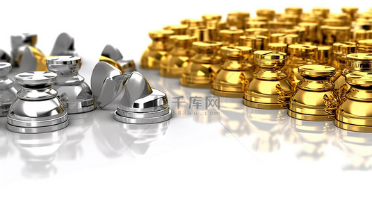 金色骑士棋子和白色背景上闪闪发光的银币的 3D 渲染，供专业使用