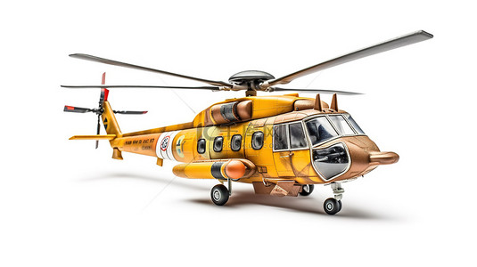 白色背景下用于军事运输或救援目的的直升机的 3D 插图