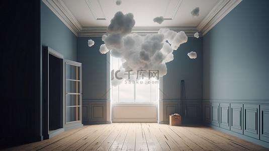 最小的房间内部概念白色蓬松的云在 3D 渲染中通过方形框架悬浮