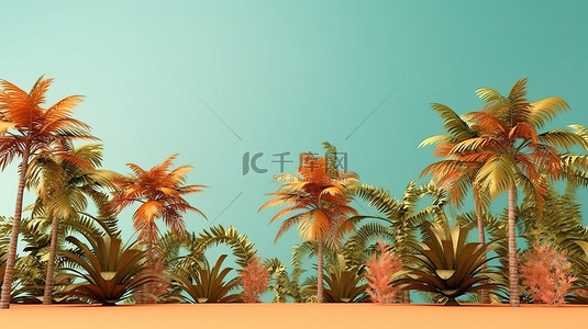 热带树木背景图片_大量棕榈树的 3D 插图，营造热带夏季氛围，并具有充足的复制空间
