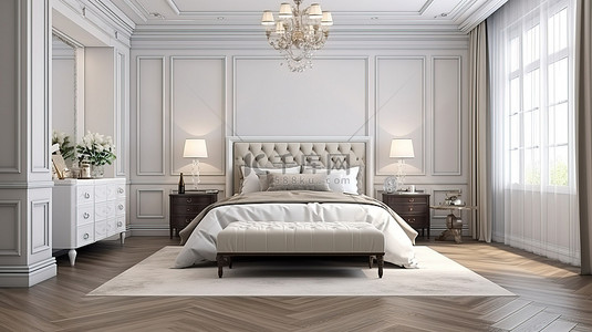 现代风格装饰背景图片_现代风格的经典奢华 3D 渲染卧室，铺有木地板，配以白色装饰