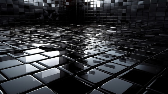 几何空间线条背景图片_黑色瓷砖墙的 3D 渲染创造了独特的裂缝空间并在玻璃地板上投射了干扰阴影