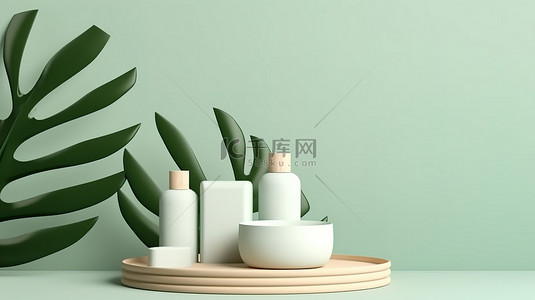 优雅的化妆品架，配有木质白色圆柱体和柔和的绿色圆墙，带有绿叶背景 3D 渲染插图