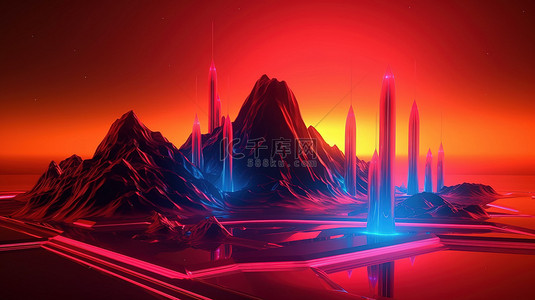 游戏世界背景图片_霓虹灯地形 3d 渲染的光滑土地显示与发光管星星和令人惊叹的日落