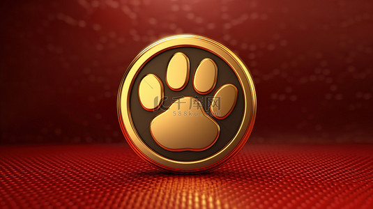 宠物爪子背景图片_3D 渲染中哑光红板社交媒体图标上的金色爪子符号