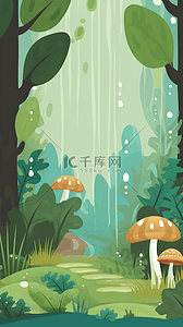 草地树背景背景图片_蘑菇草地小路雨中森林自然背景卡通风景