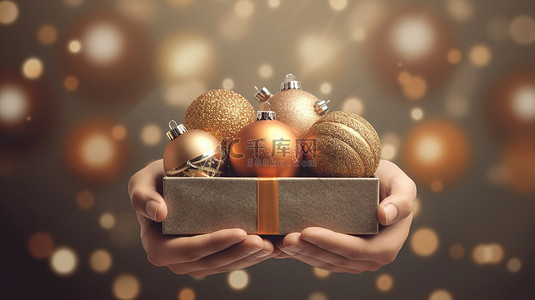 圣诞红色的球背景图片_节日 3D 渲染圣诞礼品盒和充满活力的球在双手之间传递