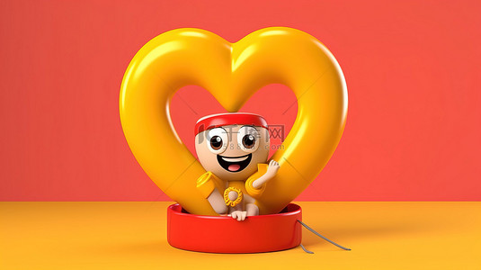 外用保健背景图片_在充满活力的黄色背景上持有救生圈的红心吉祥物的 3D 渲染